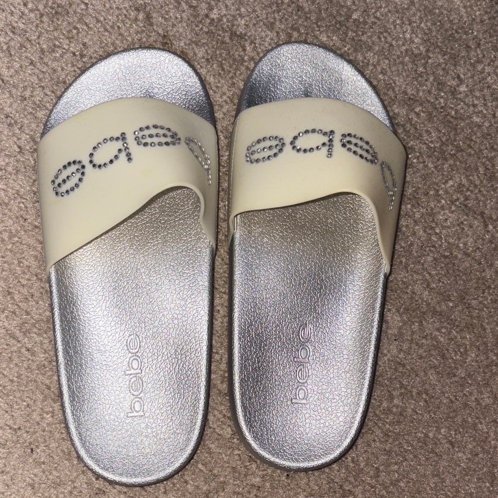 Bebe Cream and Silver Embellished Slides